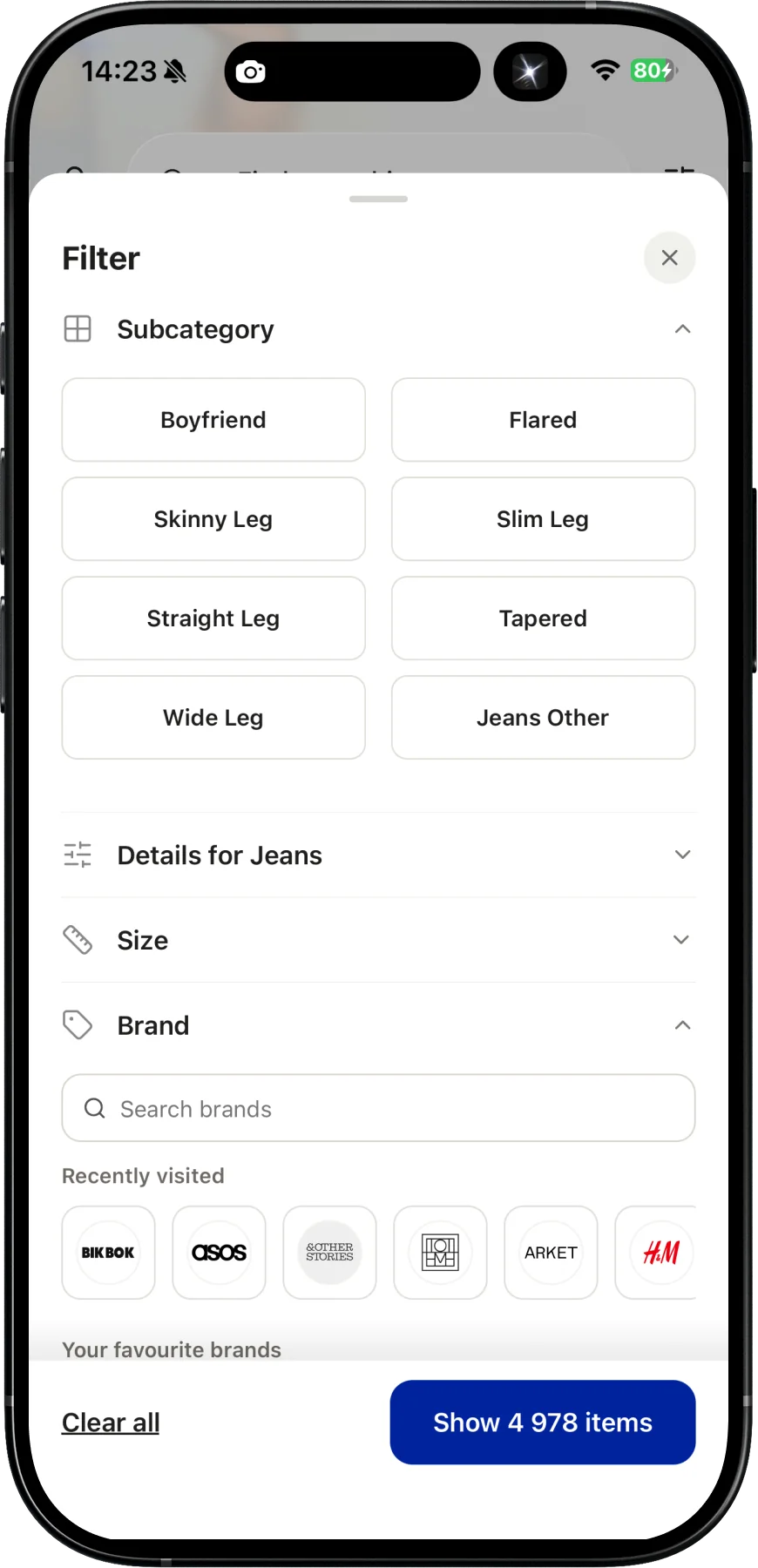The Browse filter sheet with subcategory, details, size, and brand controls