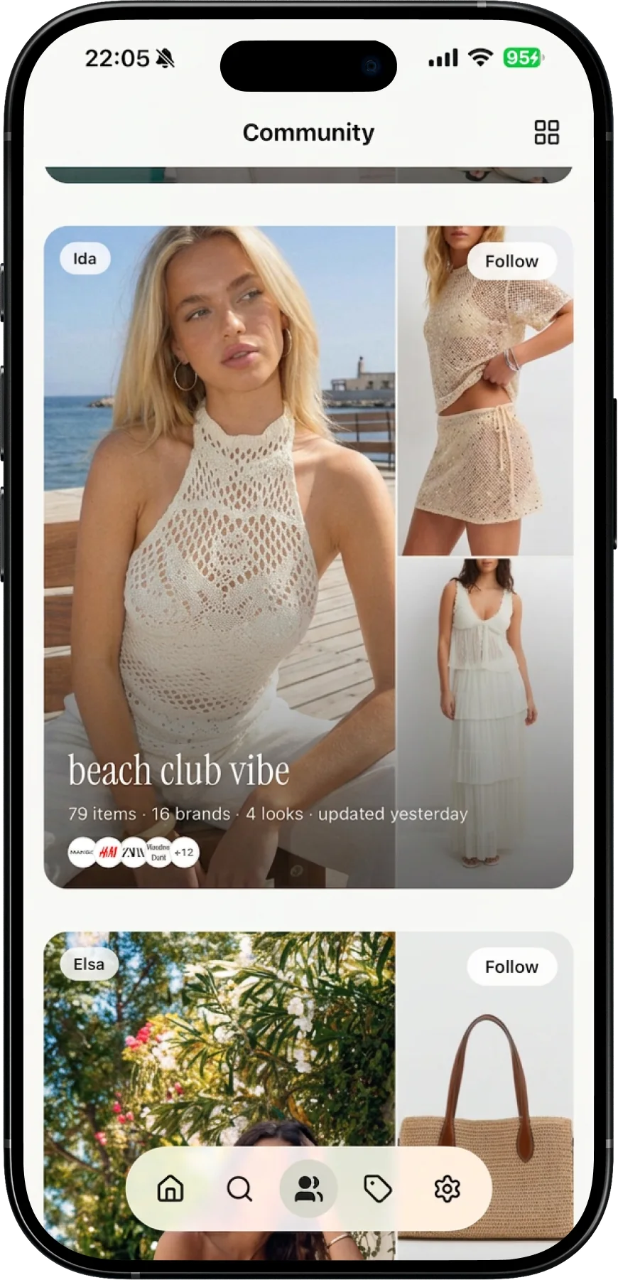 The Community feed showing public fashion collections with Follow controls
