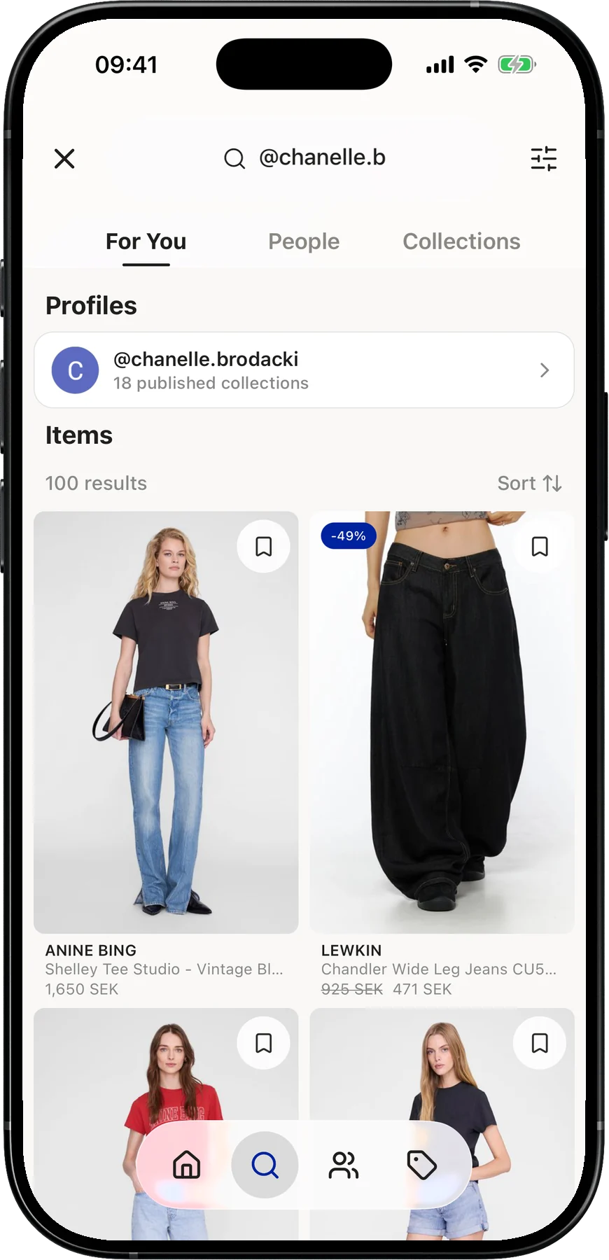 Search results for a username with a matching profile above the product results