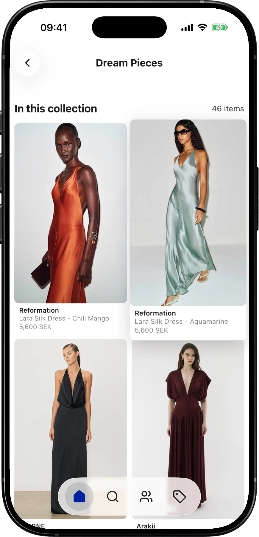 A collection grid with one dress lifted, ready to be dragged to a new position