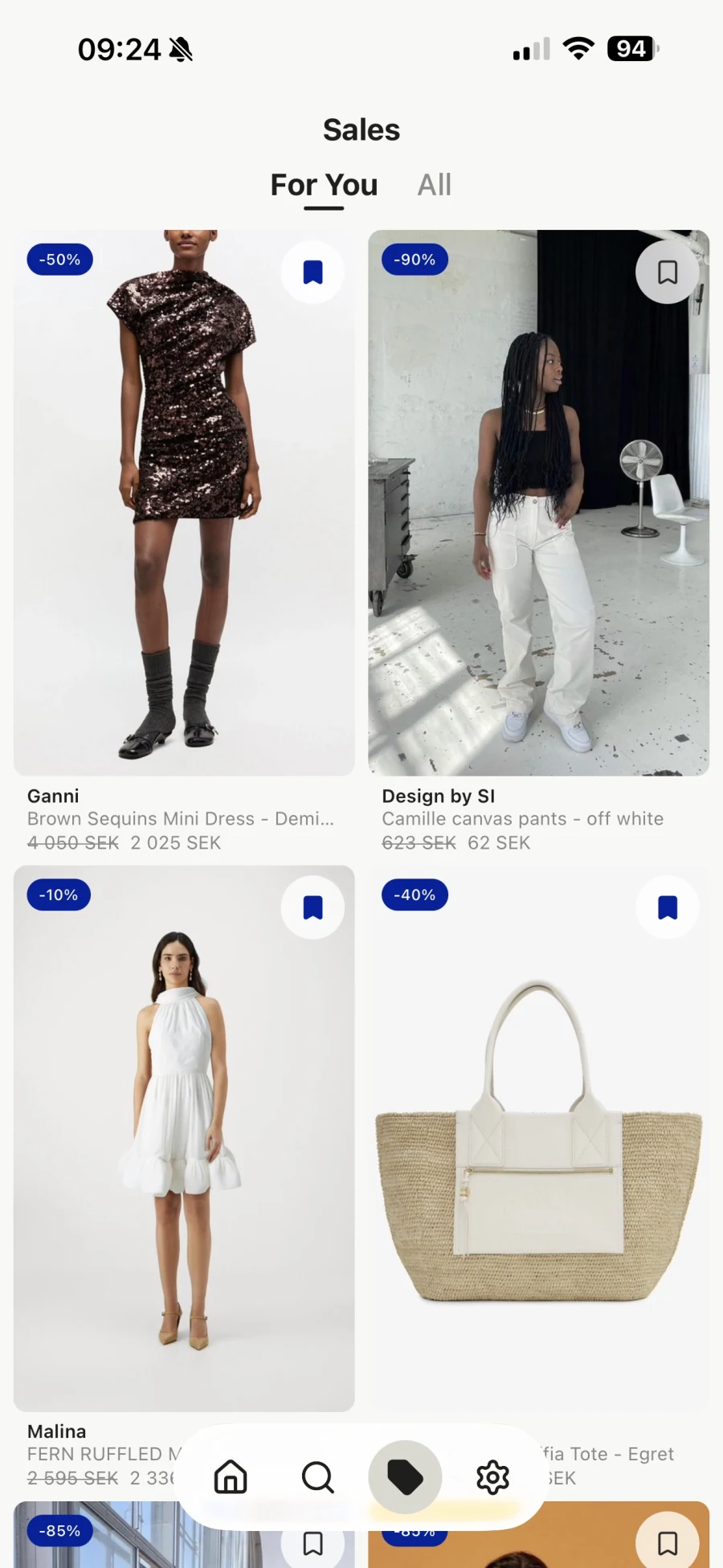 The For You tab in Sales, showing a personalised grid of discounted pieces