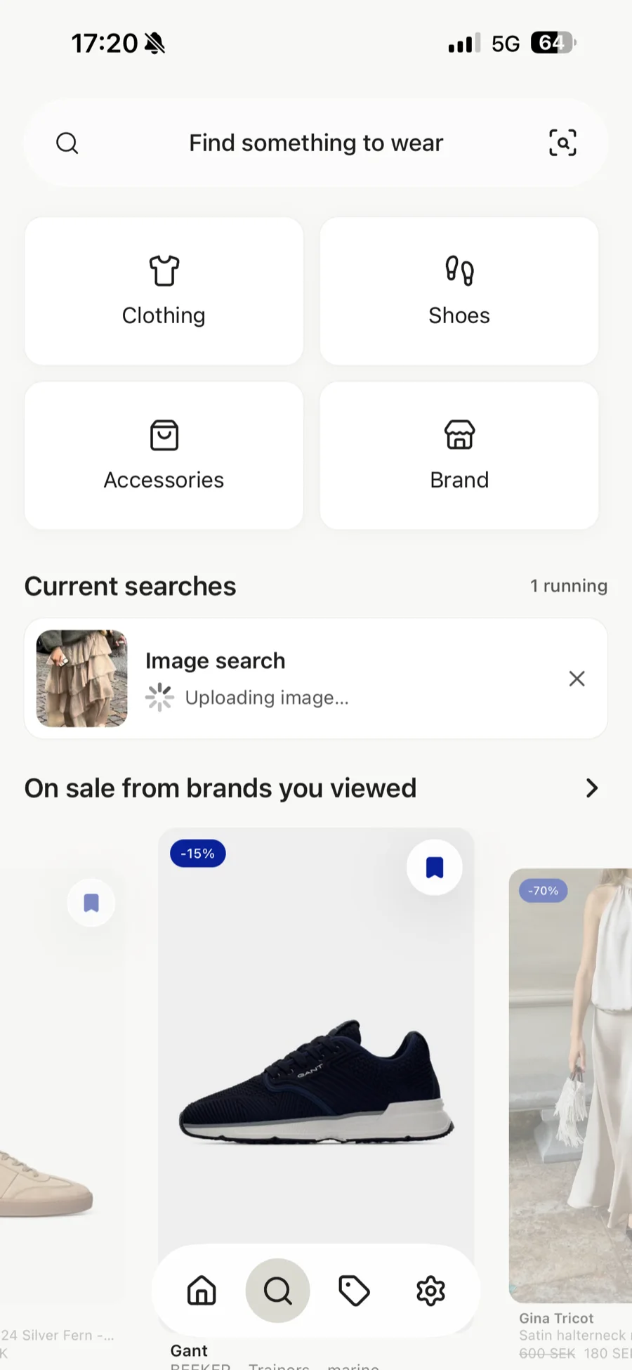 The Browse landing with a running image search and a shelf of sale pieces from brands you viewed