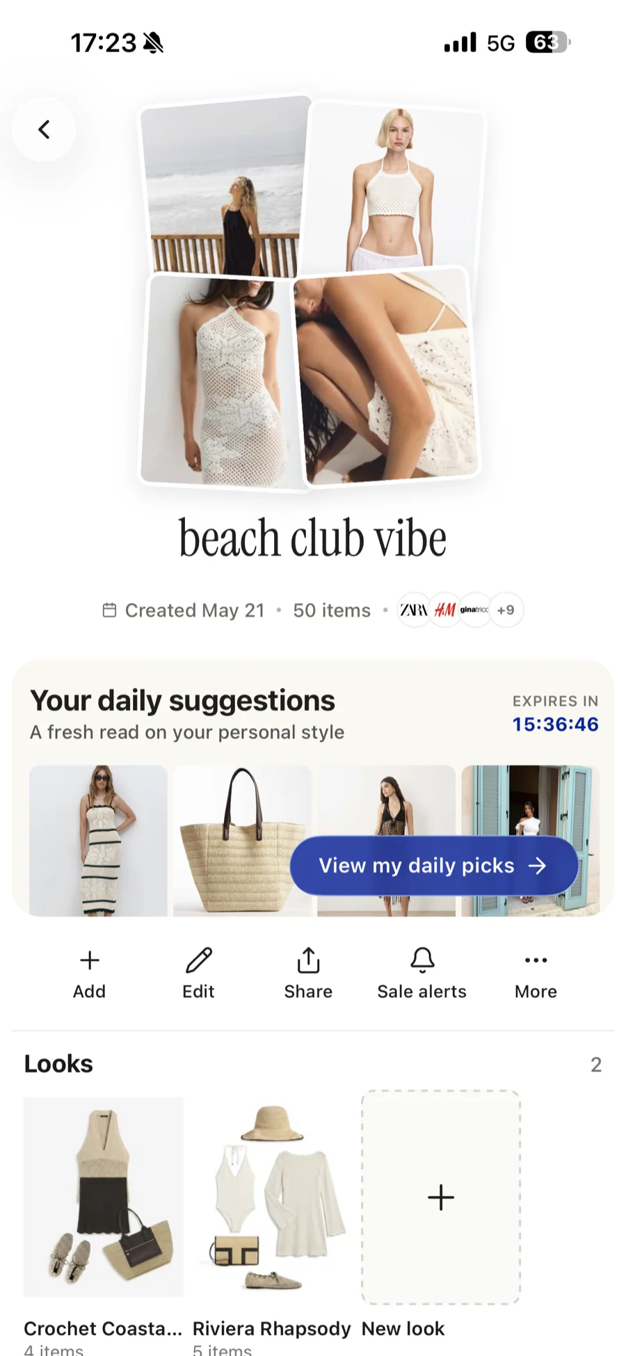 A collection with its daily suggestions counting down to the next drop, above the looks built from it