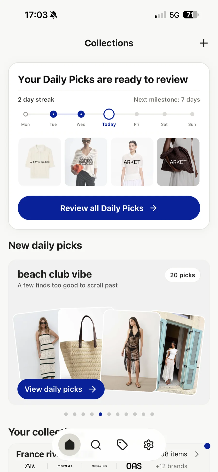 Home showing a two day streak, the week so far, the next milestone at seven days, and today’s new picks