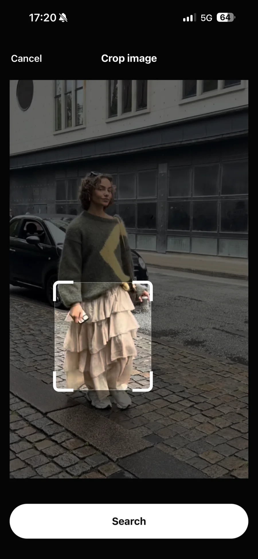 Cropping a street-style photo down to a tiered cream skirt before searching