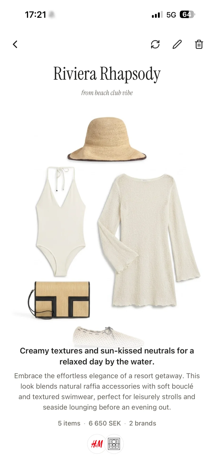 A look called Riviera Rhapsody, showing a raffia hat, swimsuit, dress, bag, and shoes as a flat-lay