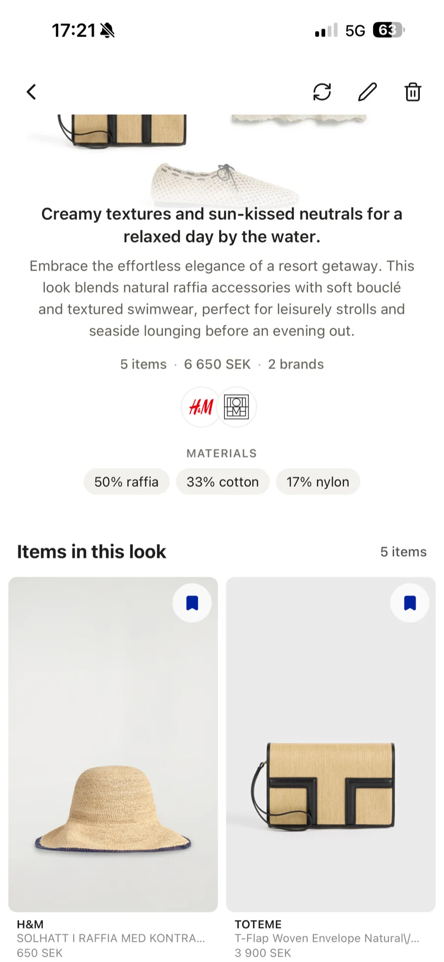 The same look scrolled to its materials breakdown and the five items it is built from