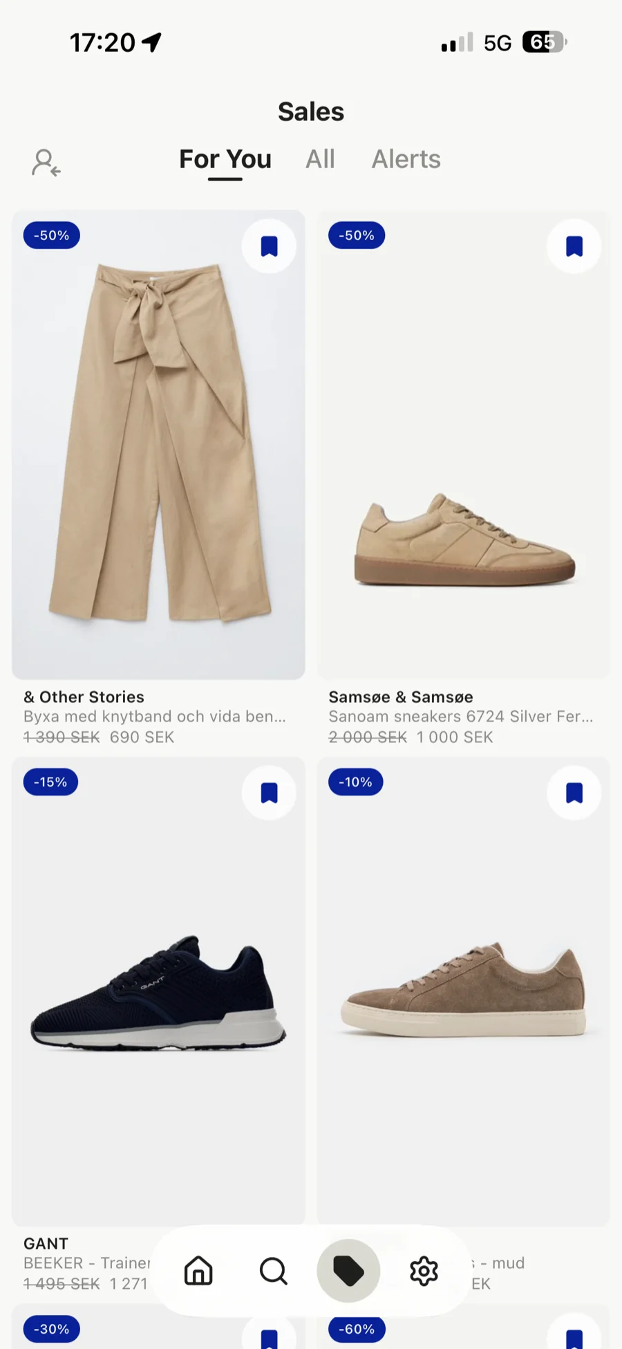 The Sales tab with For You, All, and Alerts, showing discounted pieces from & Other Stories, Samsøe Samsøe, and GANT