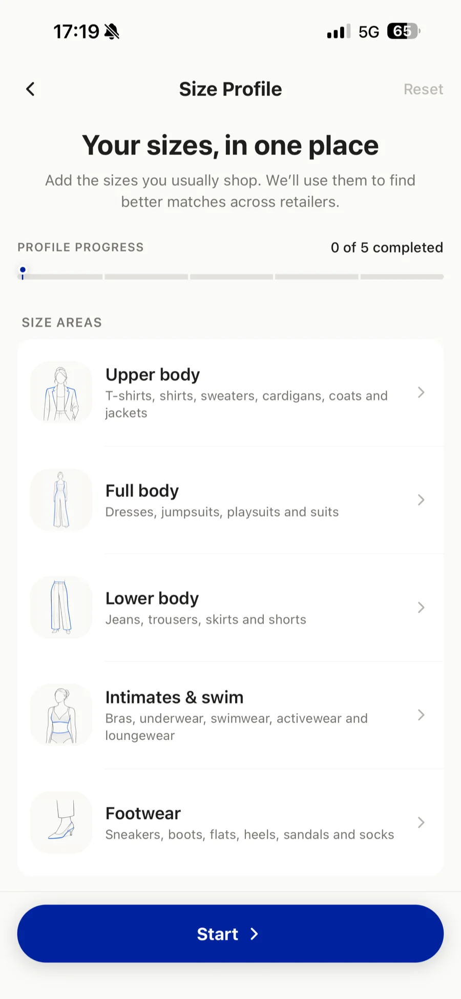 The size profile screen listing upper body, full body, lower body, intimates and swim, and footwear