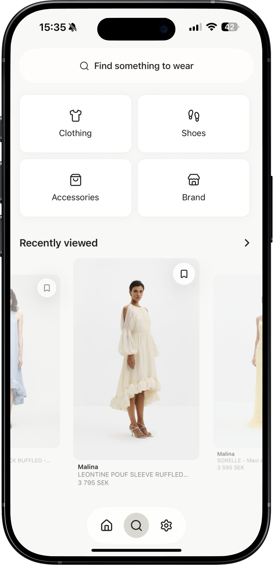 Favora iOS search and browse screen with category tiles and recently viewed products