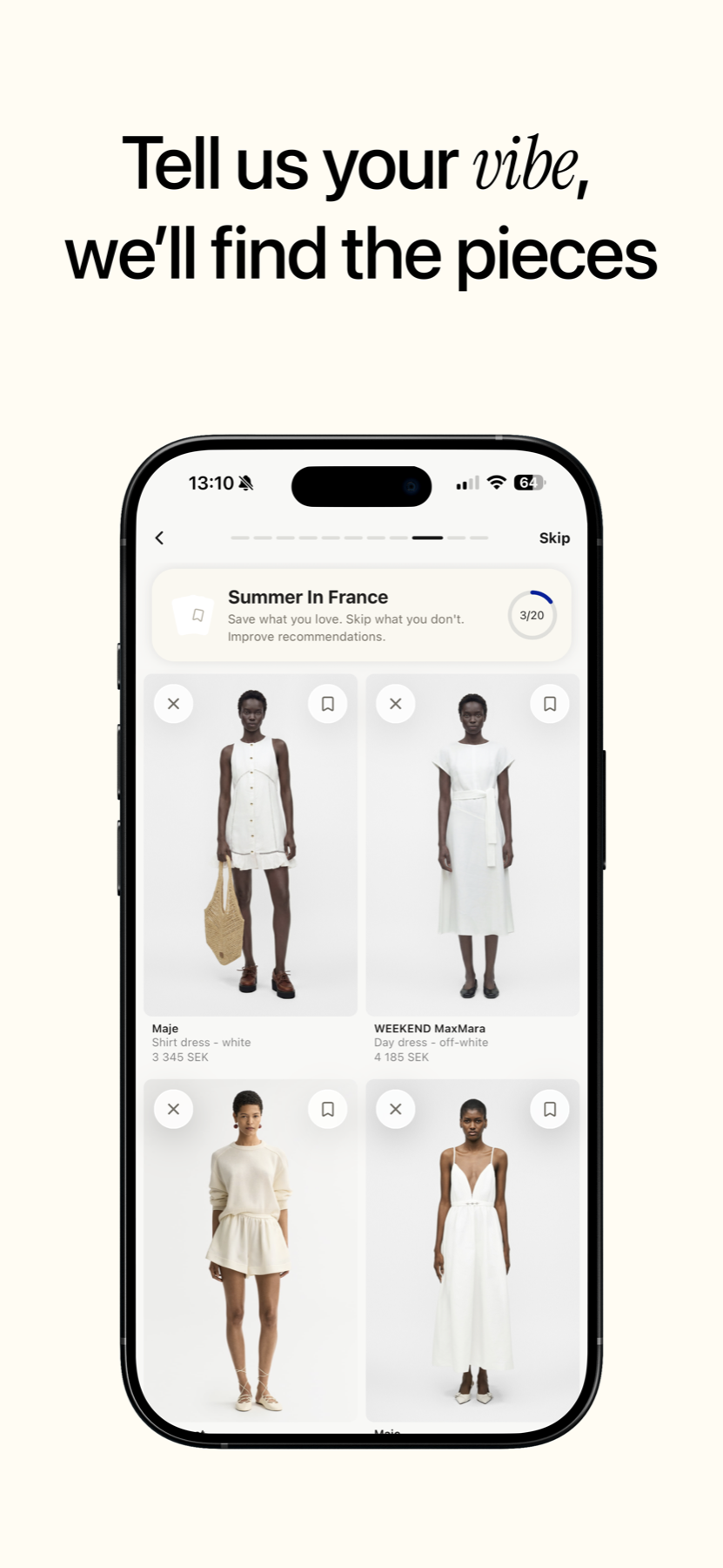 Favora iOS Daily Picks launch screen showing personalized products to save or skip