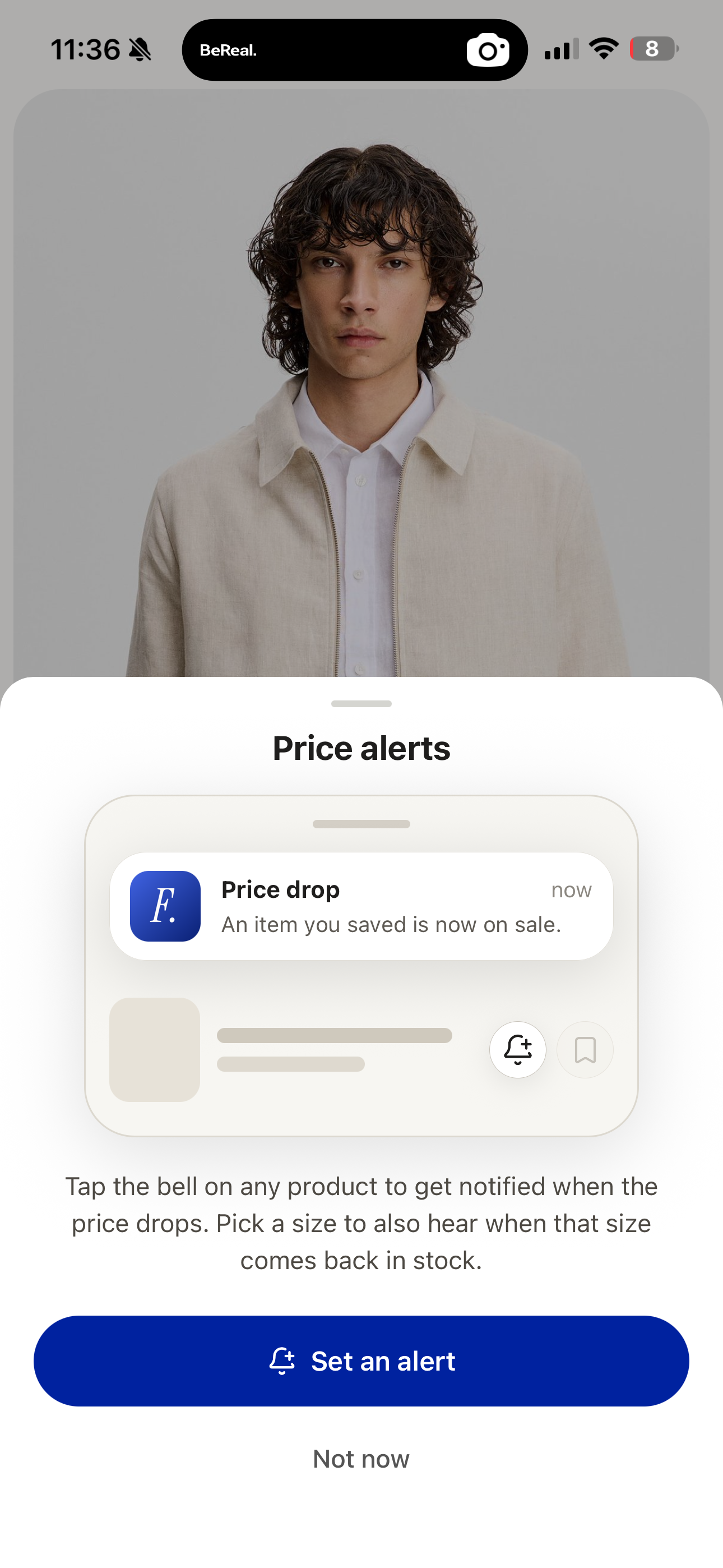 Favora iOS price alerts intro sheet with a Set an alert button