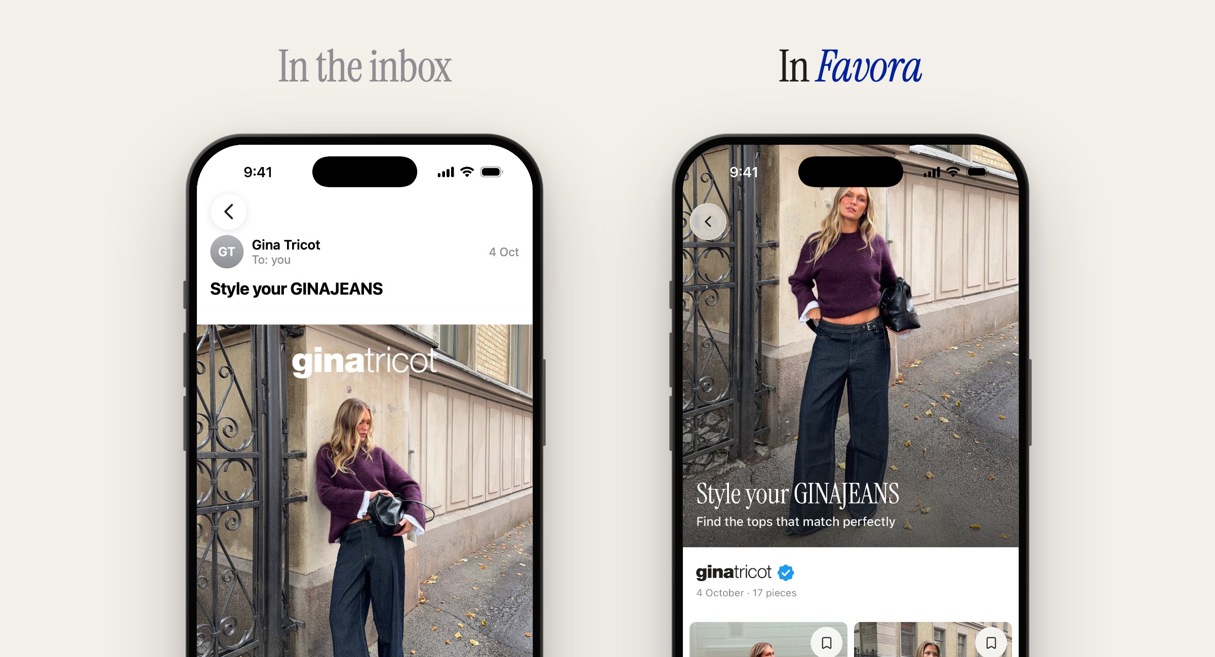 Gina Tricot’s newsletter in an email inbox beside the same newsletter as a brand edit in Favora