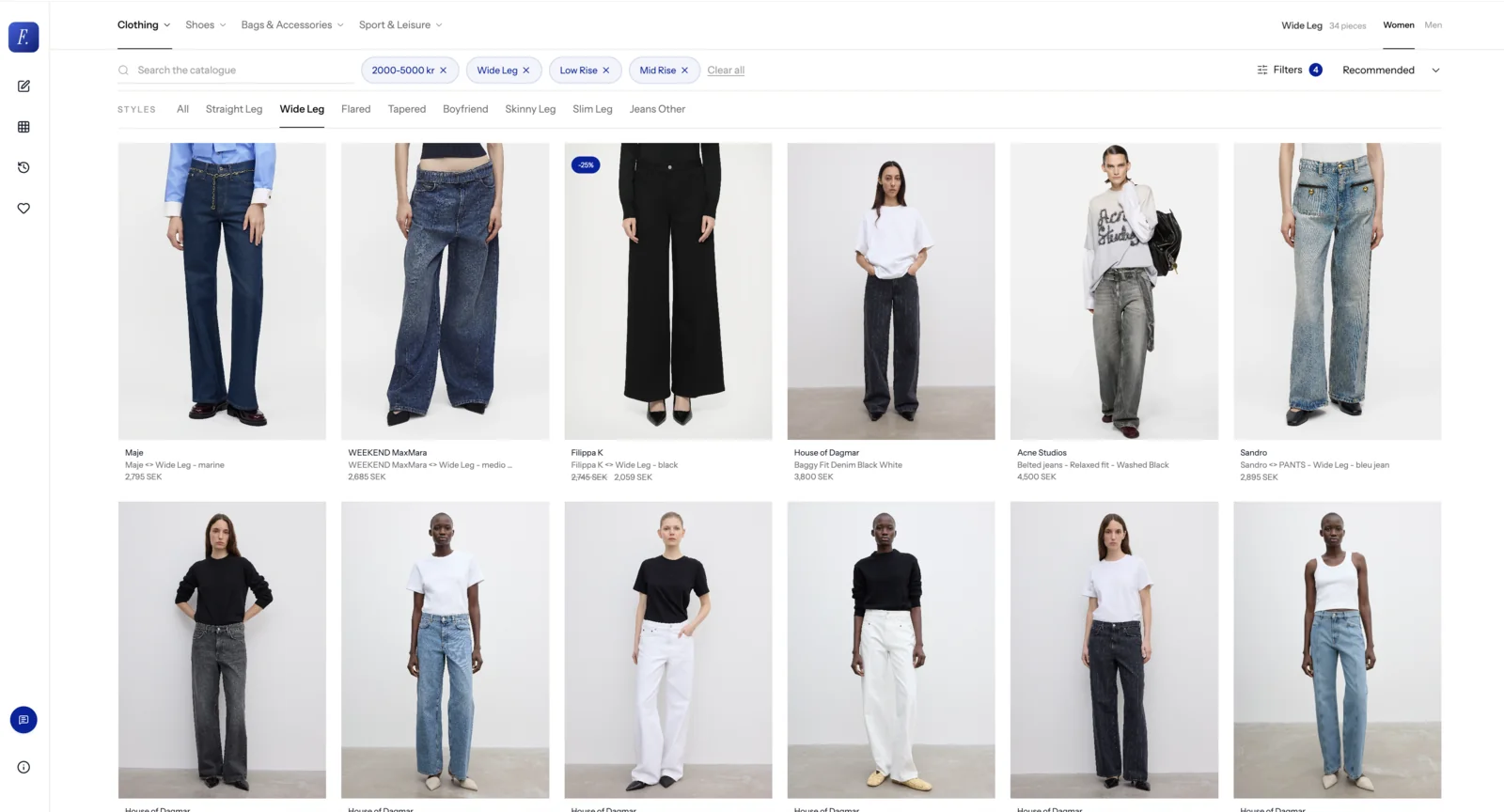 Favora’s catalogue showing women’s wide-leg jeans filtered by price and rise across several fashion brands